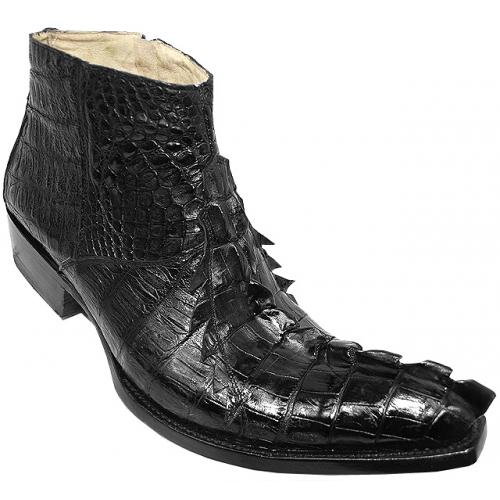 Pecos Bill  "Coronado" Black All-Over Hornback Crocodile With Three Crocodile Tails Ankle Boots